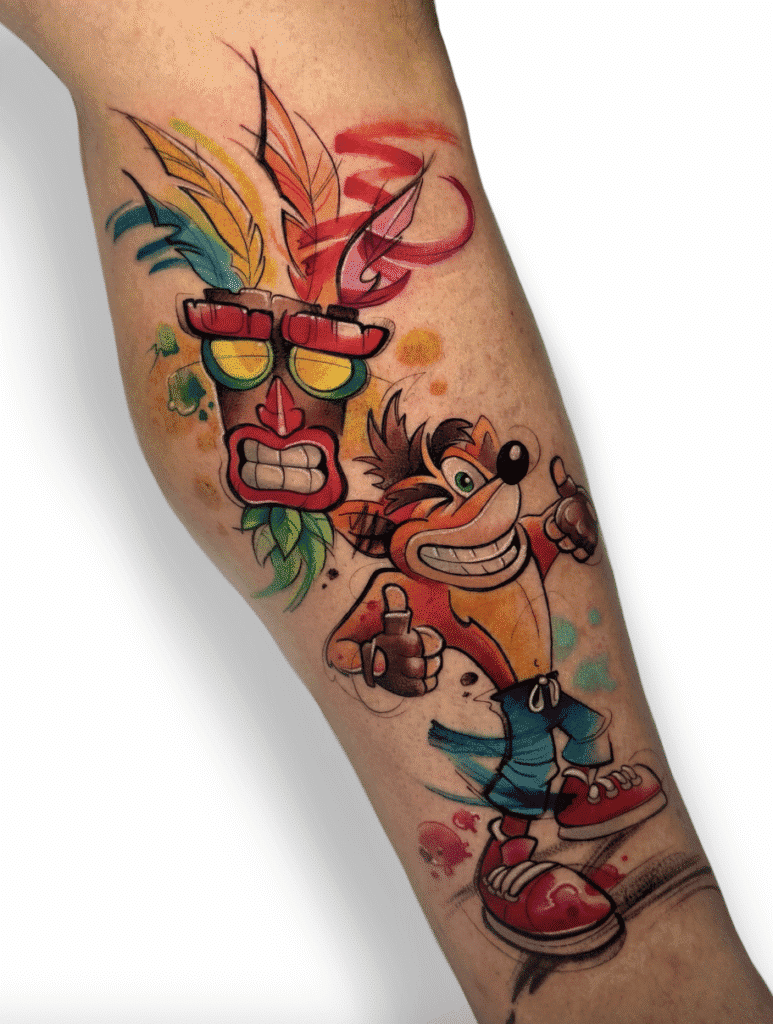 Crash Bandicoot Watercolour Video Game Tattoo
