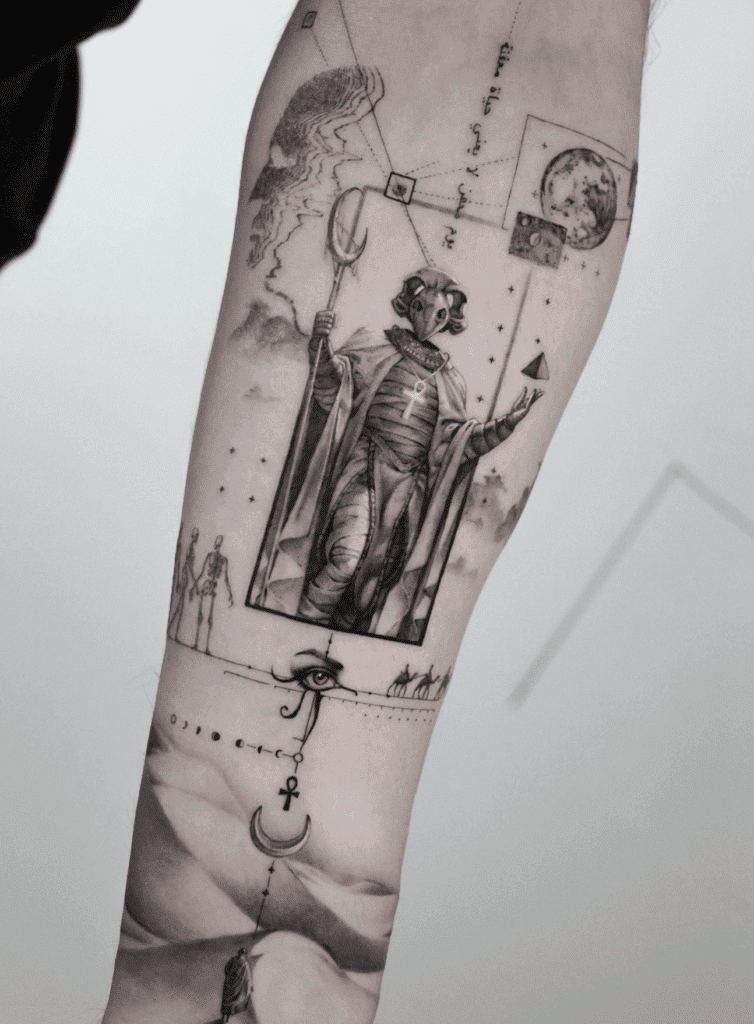 Khonsu Fine-Line Egyptian Mythology Tattoo