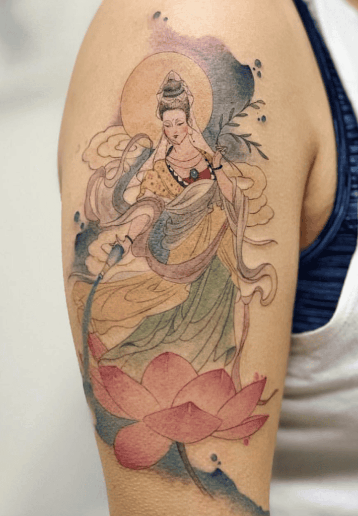 Guan Yin Lotus Chinese Mythology Tattoo