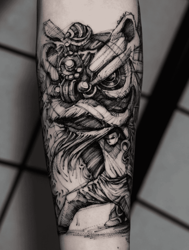 Lion Dance Man Chinese Mythology Tattoo