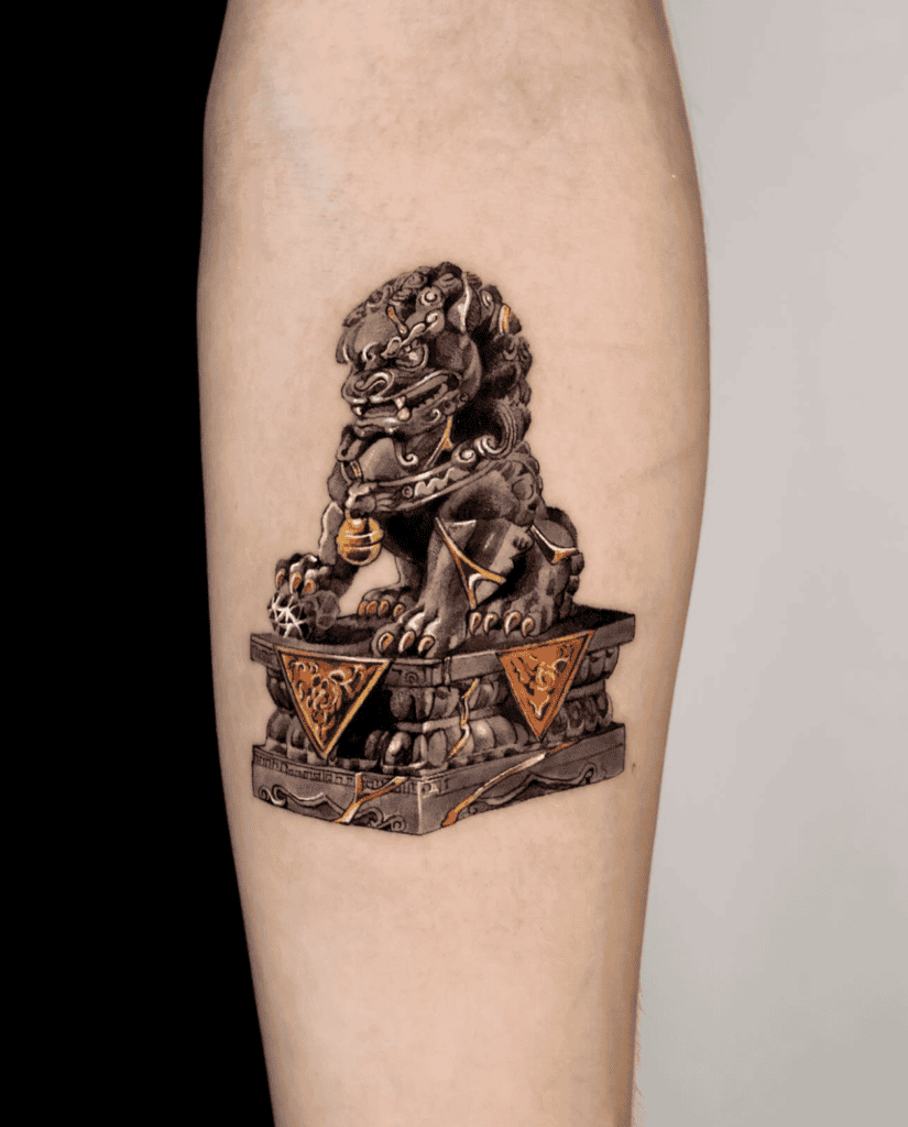 Shíshī Lion Gold Chinese Mythology Tattoo