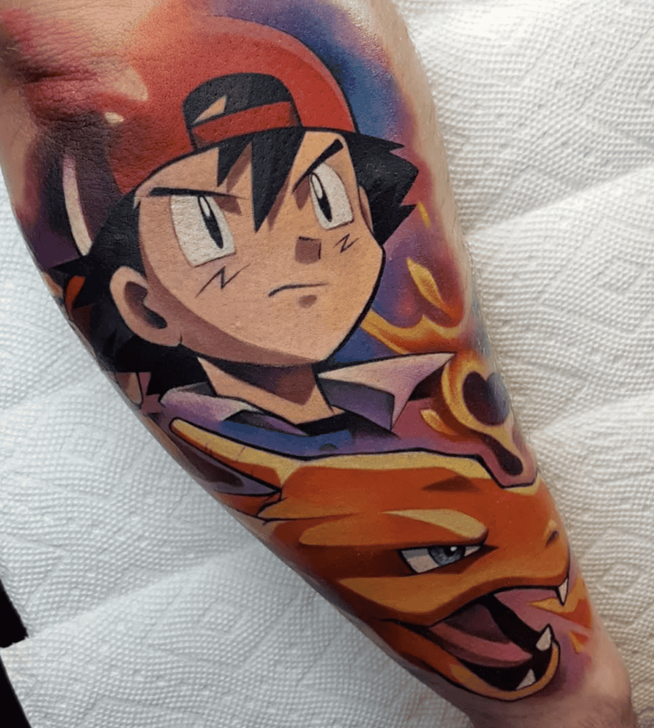 Ash Ketchum and Charizard Pokémon Tattoo