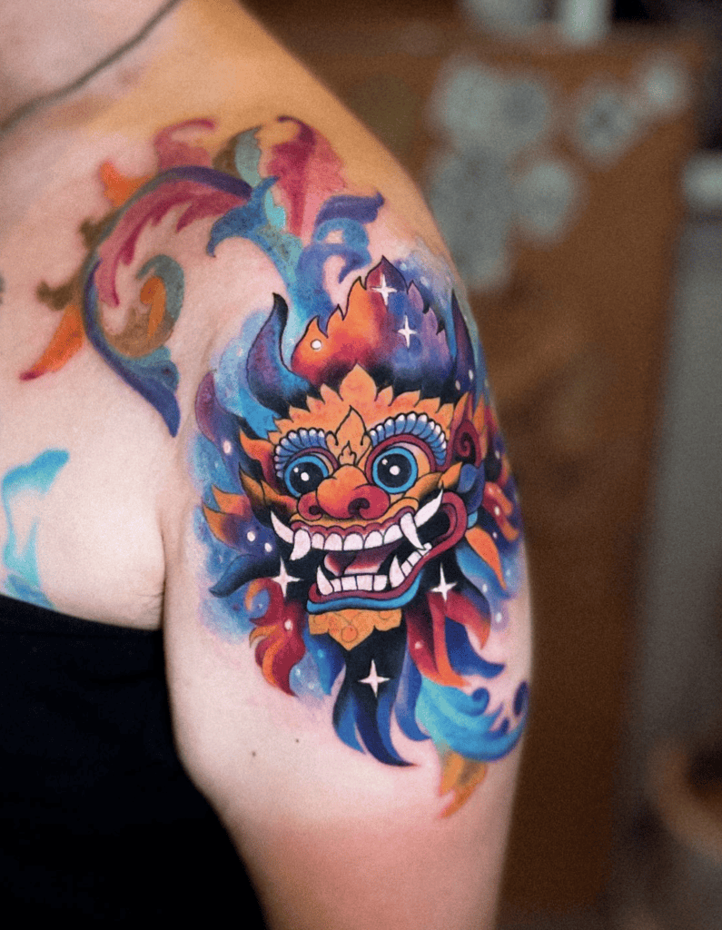 Barong Colourful Bali Hindu Mythology Tattoo