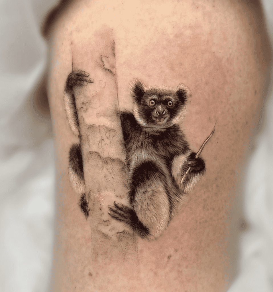 Black and White Lemur Tree Trunk Primate Tattoo