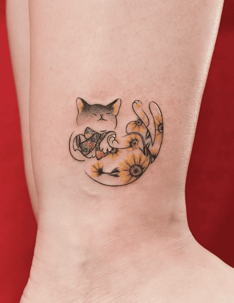 Cat Playful Lunar Zodiac Tattoo