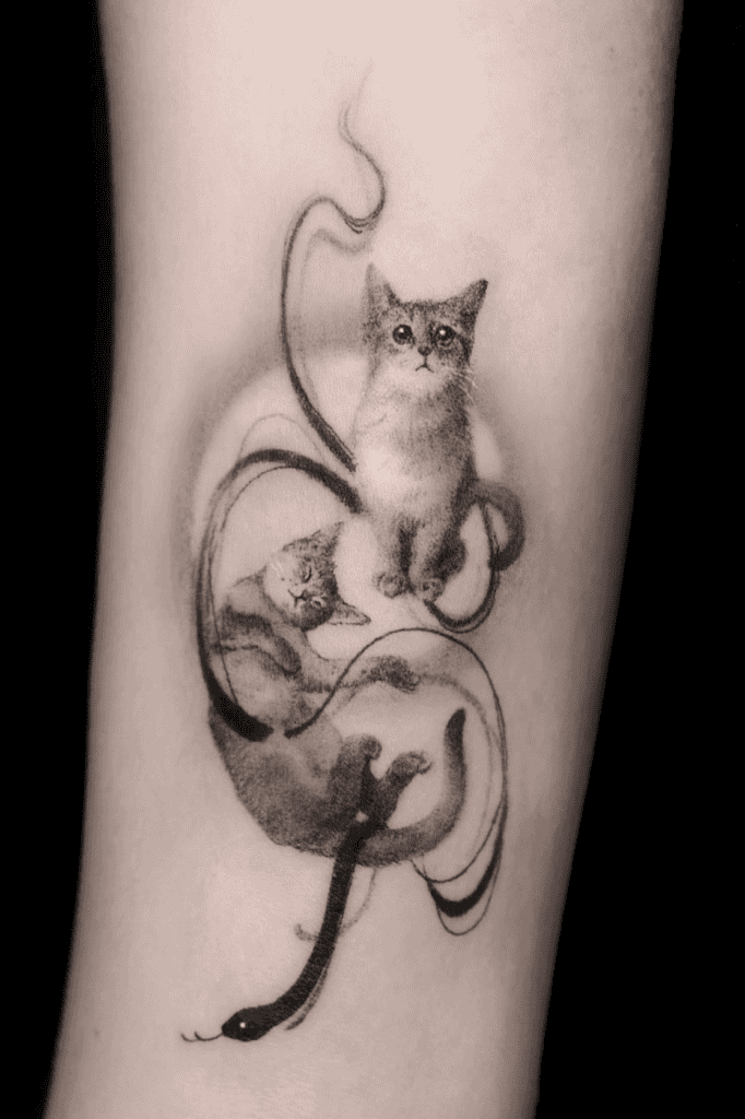 Cat and Snake Lunar Zodiac Tattoo