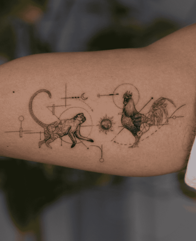 Monkey And Rooster Lunar Zodiac Tattoo