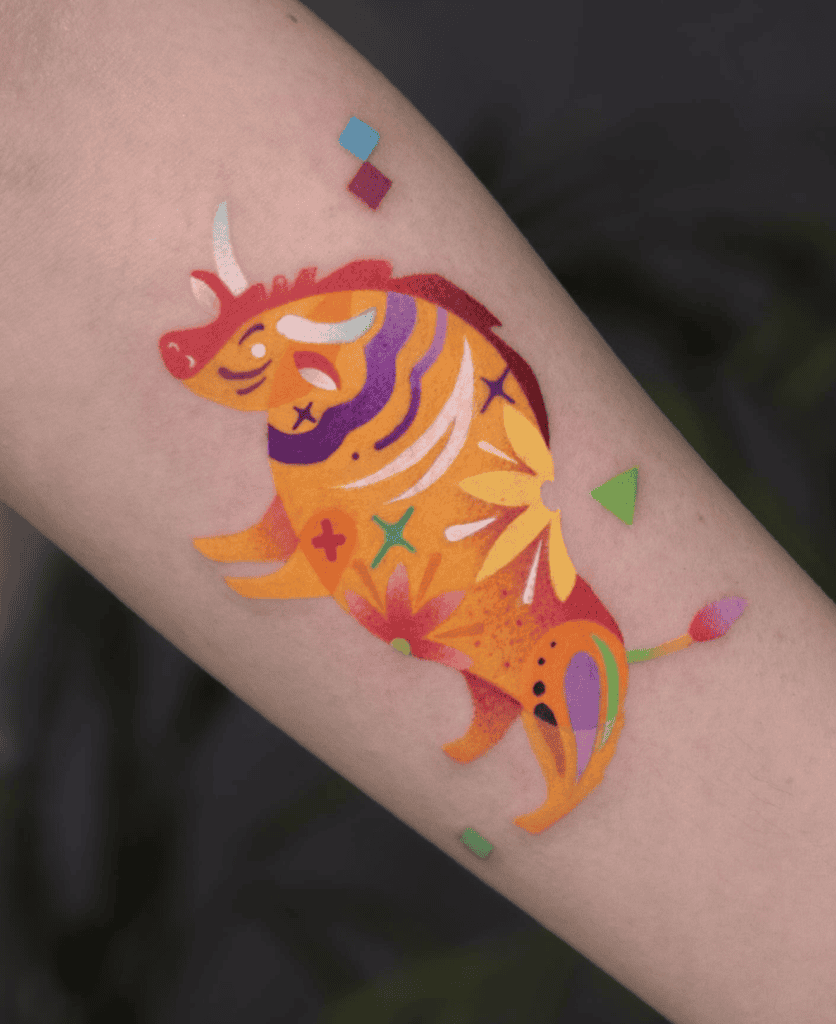 Ox Colourful Lunar Zodiac Tattoo