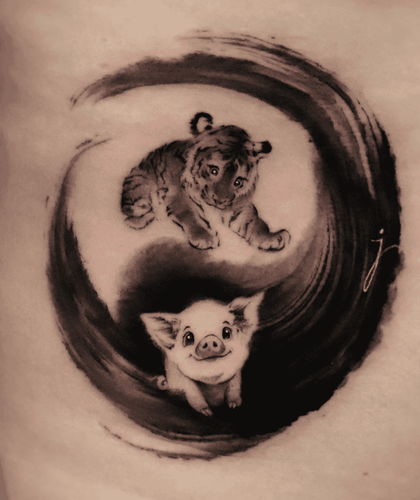 Pig Yin Yang Lunar Zodiac Tattoo