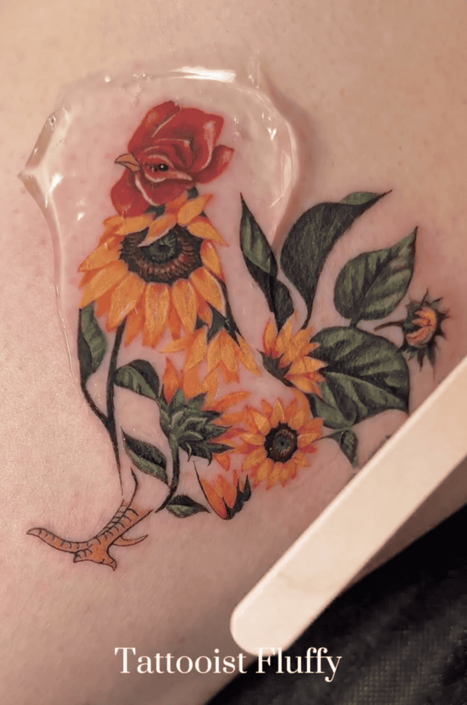 Rooster Floral Lunar Zodiac Tattoo