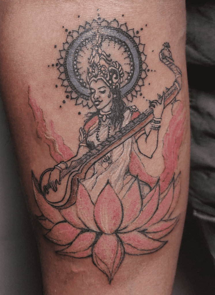 Saraswati Lotus Hindu Mythology Tattoo