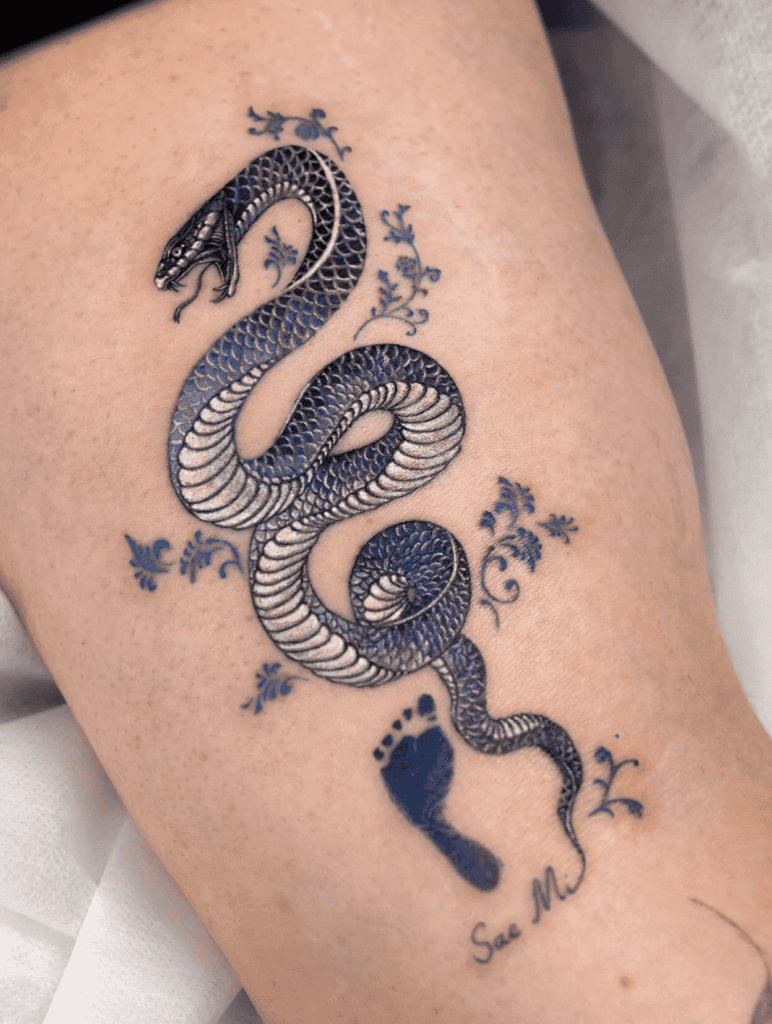 Snake Bllue Lunar Zodiac Tattoo