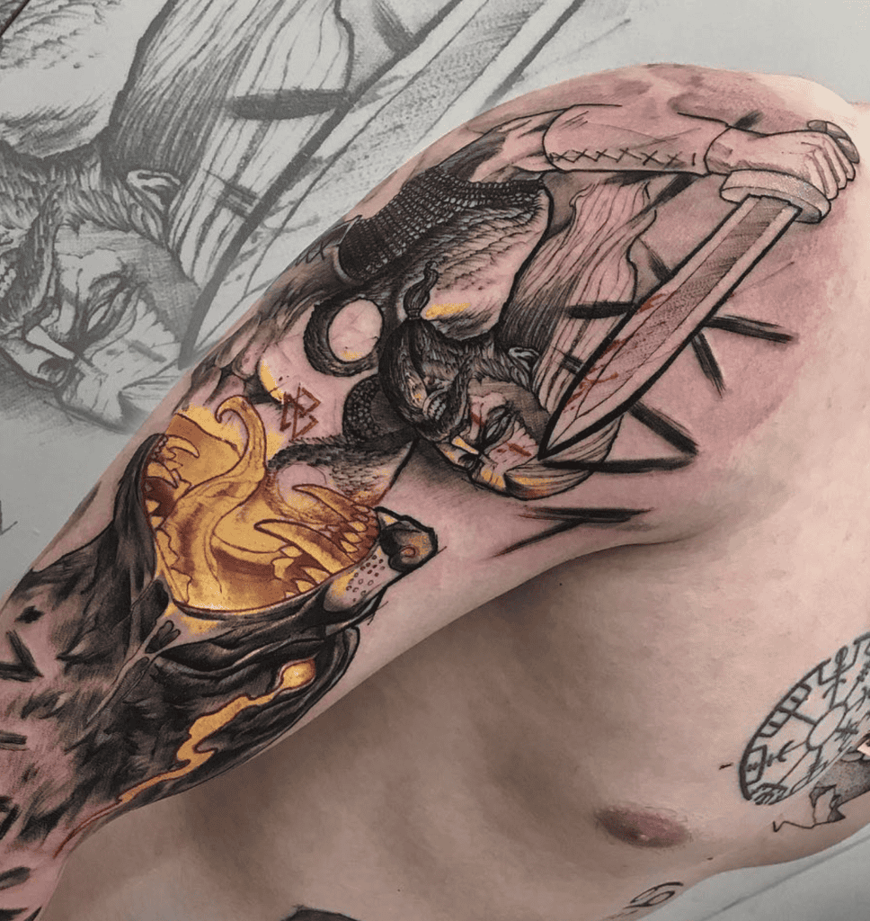 Vidar Fight Norse Mythology Tattoo