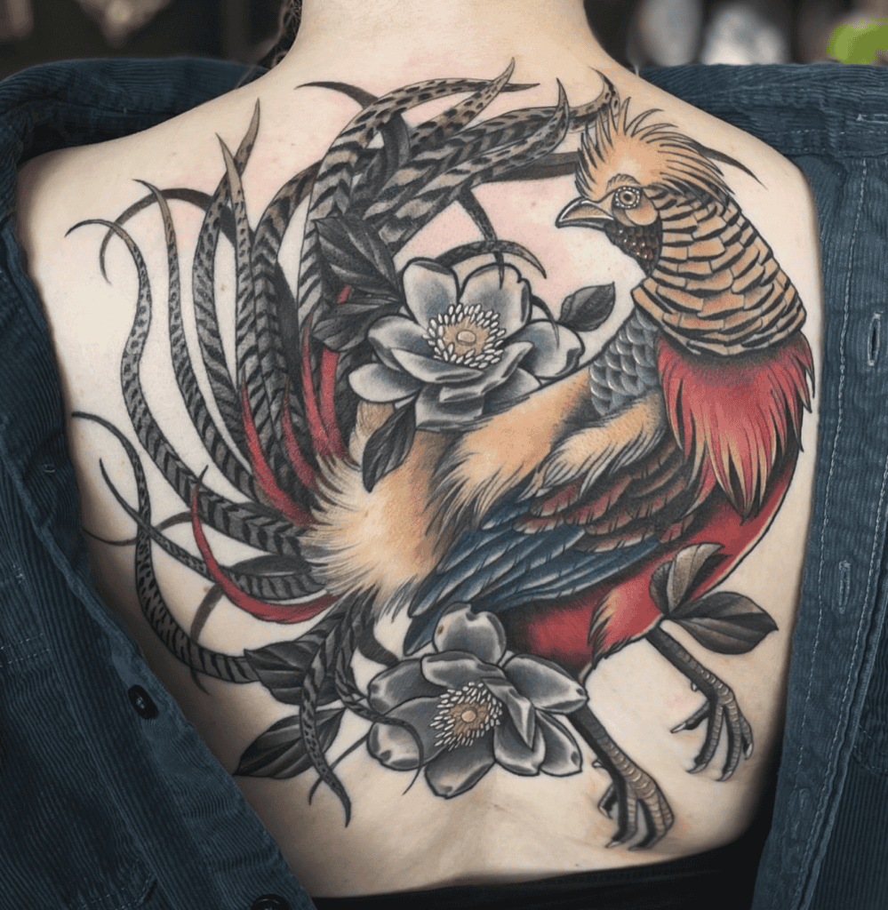 Golden Pheasant Flowers Tattoo