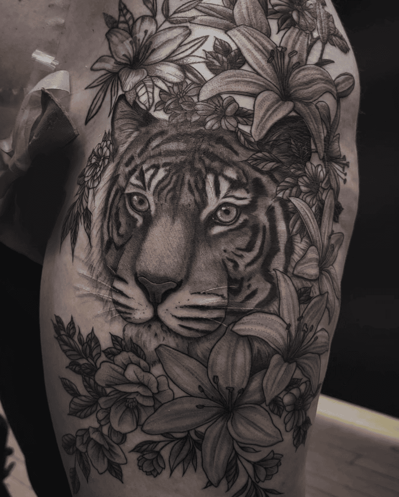 Bengal Tiger Flowers Tattoo