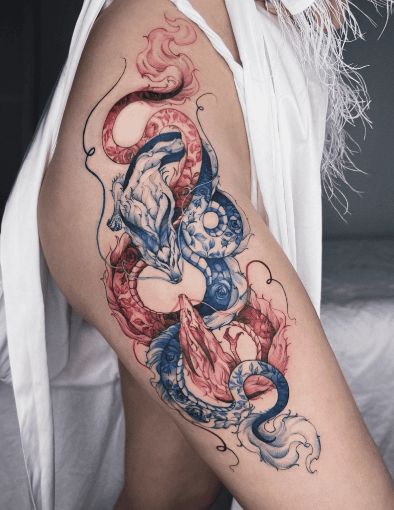 Blue and Red Dragon Tattoo