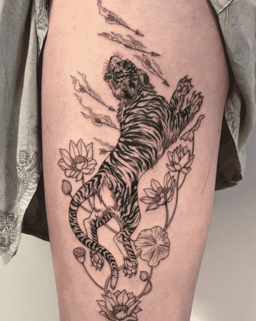Malayan Tiger Flowers Tattoo