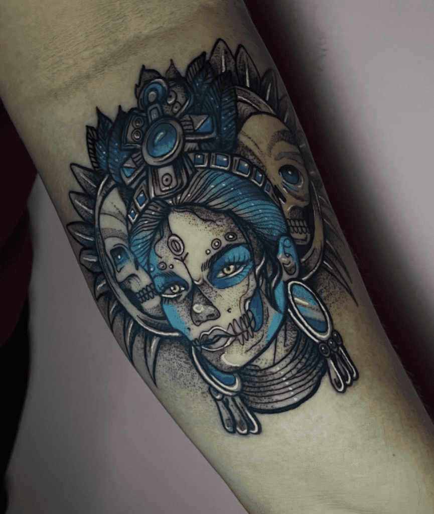 Mictecacihuatl Blue Aztec Mythology Tattoo