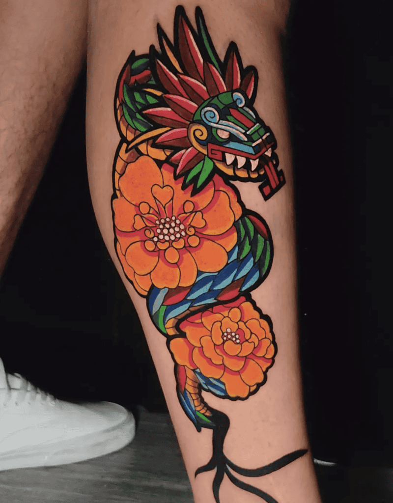 Quetzalcoatl Flowers Aztec Mythology Tattoo