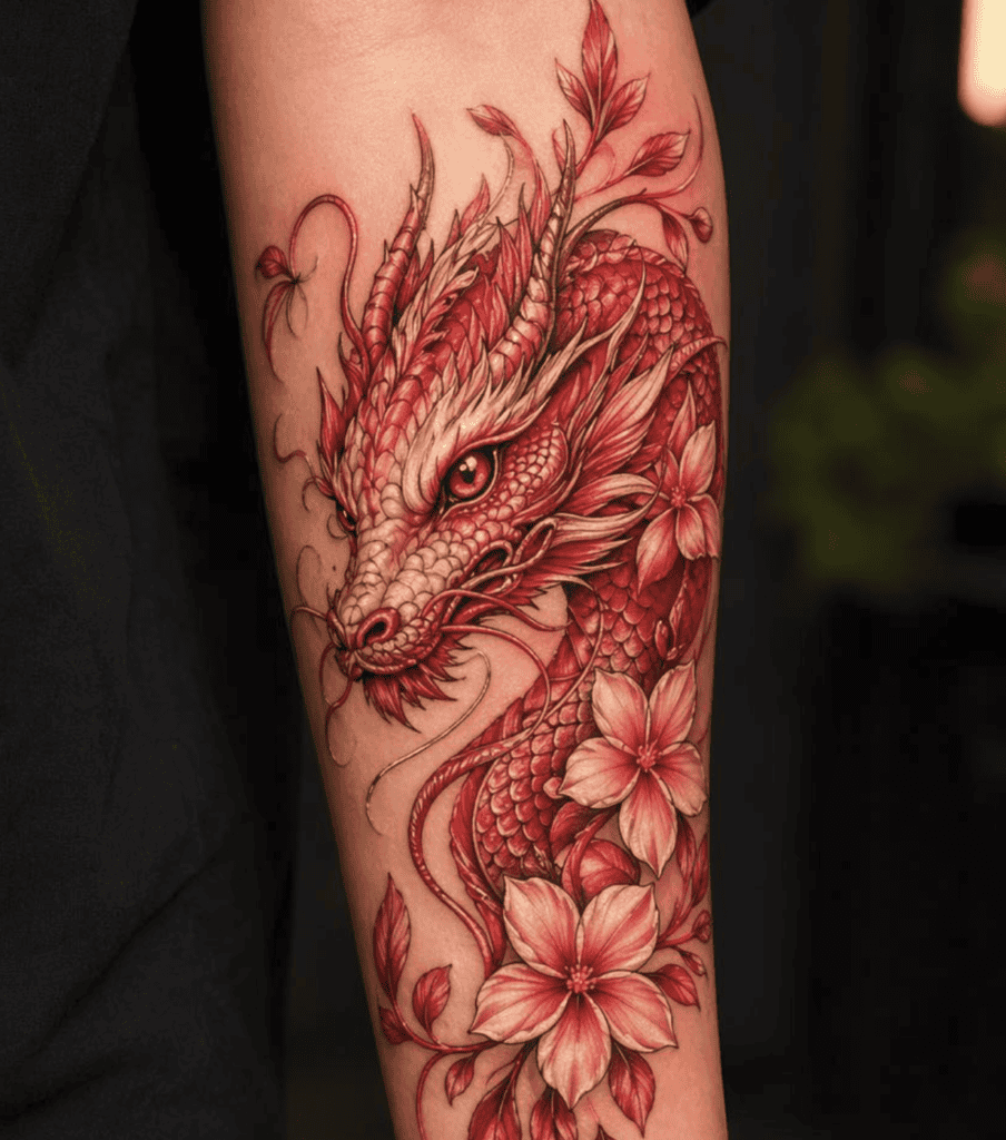 Red Flower Dragon Tattoo