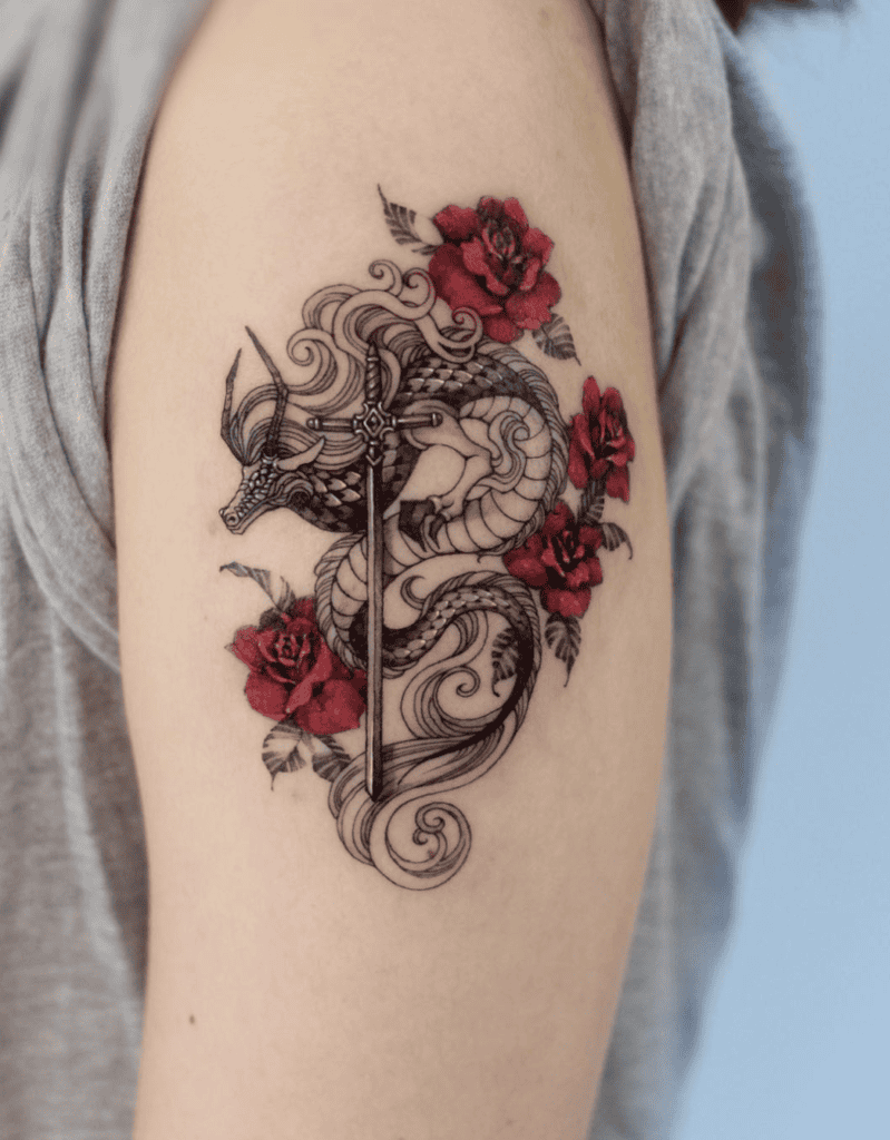 Sword Rose Dragon Tattoo