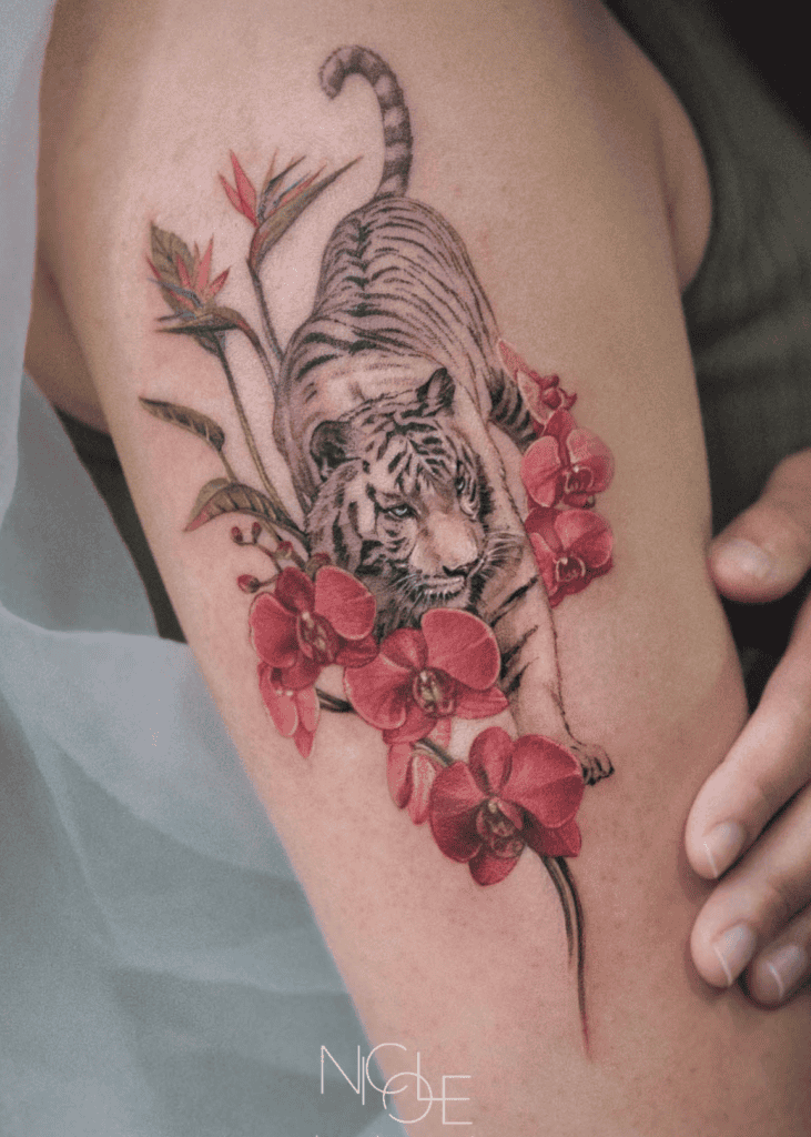 White Tiger Flower Tattoo