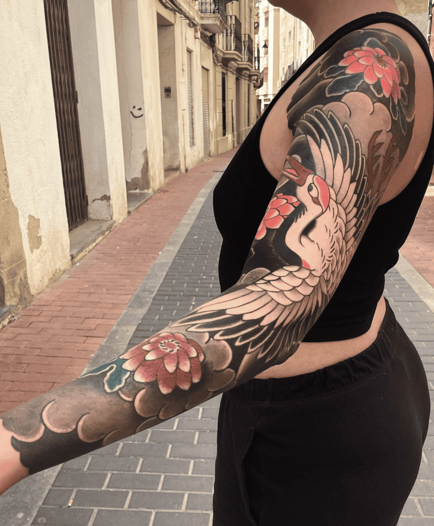 Crane Flower Irezumi Tattoo
