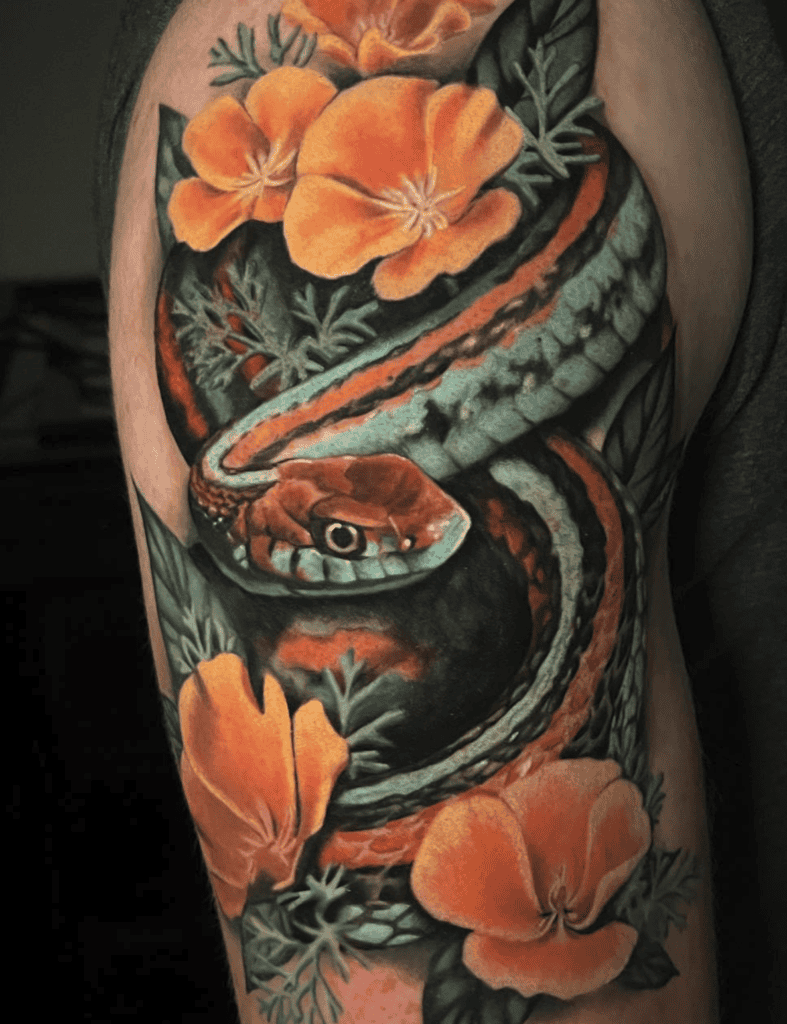 Garter Snake Flower Tattoo