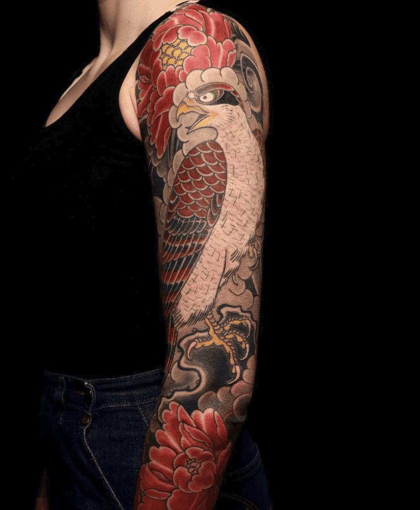 Hawk Flower Irezumi Tattoo