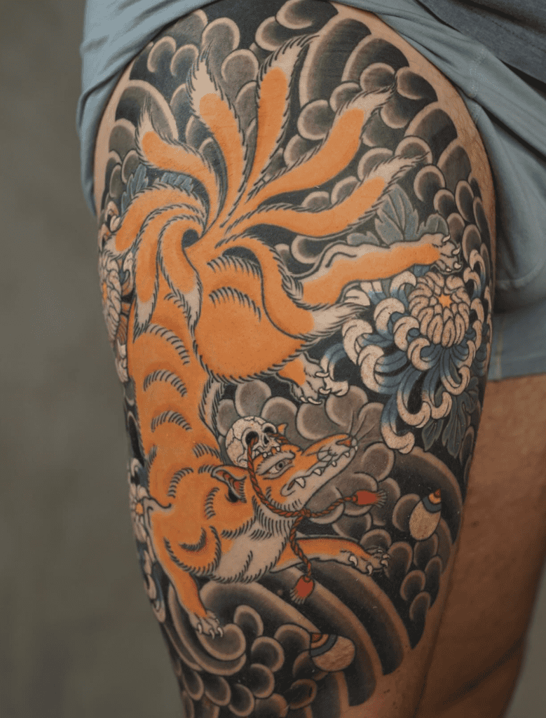 Nine-tailed Fox Flower Irezumi Tattoo