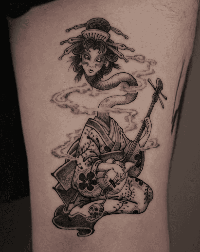 Rokurokubi Biwa Japanese Mythology Tattoo
