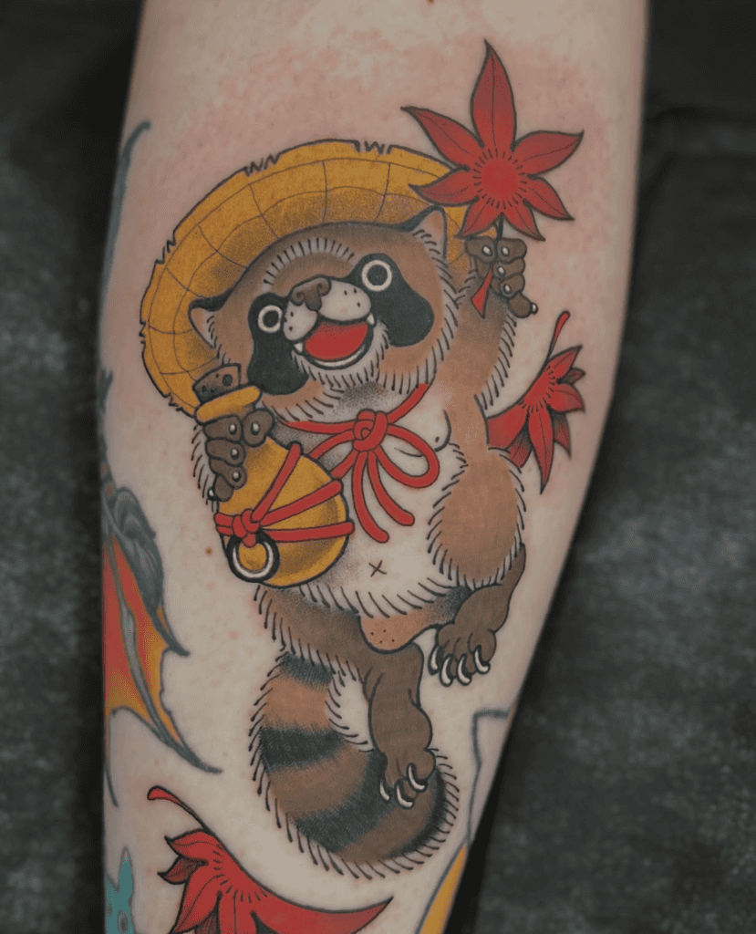 Tanuki Leaf Japanese Mythology Tattoo