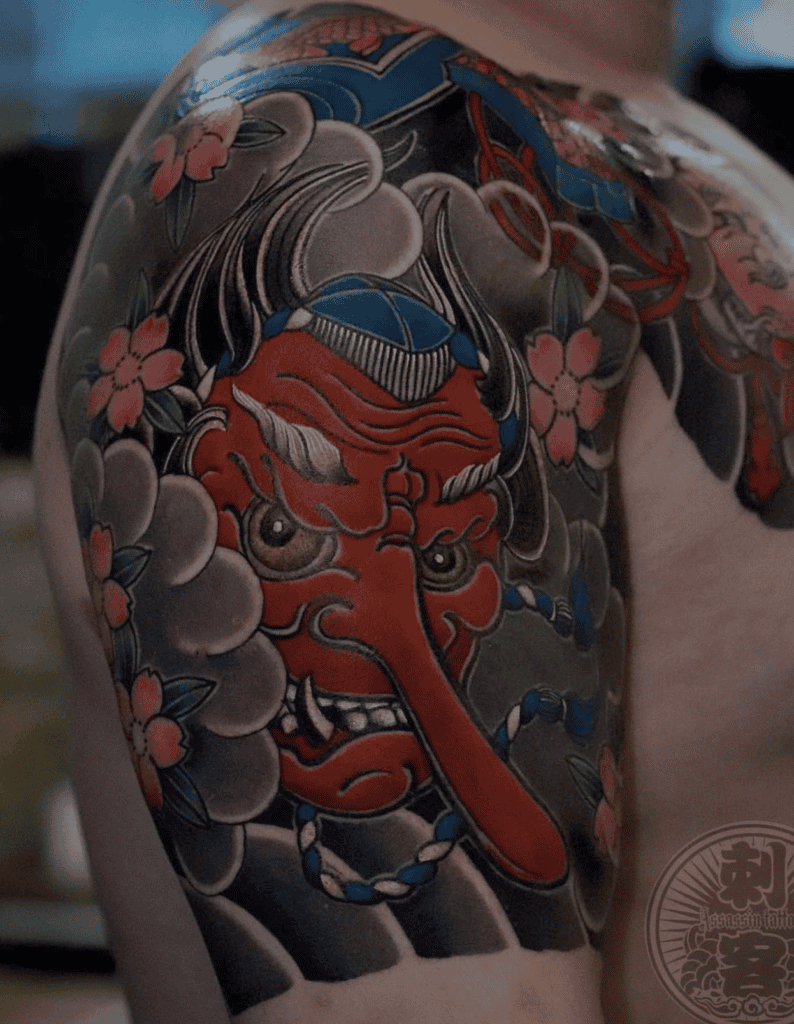 Tengu Mask Floral Irezumi Tattoo