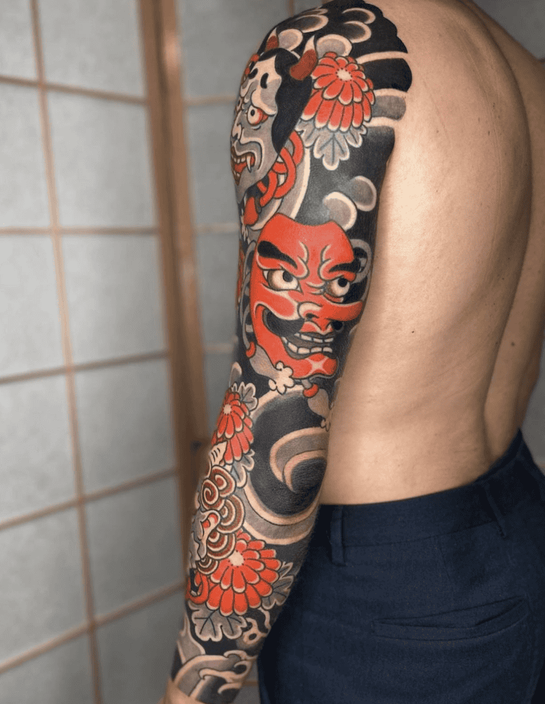 Tengu Mask Flower Irezumi Tattoo