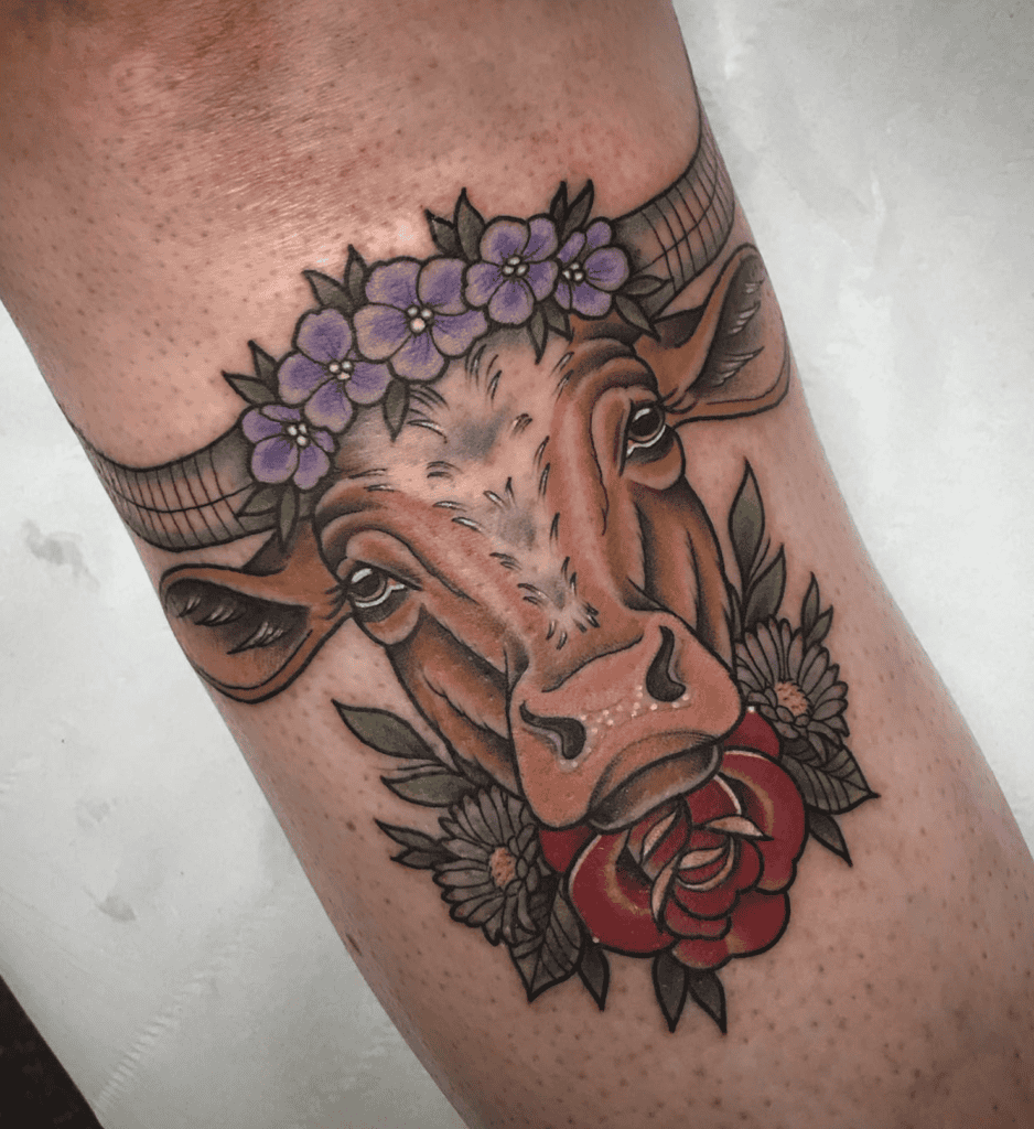 Texas Longhorn Flower Bovine Tattoo