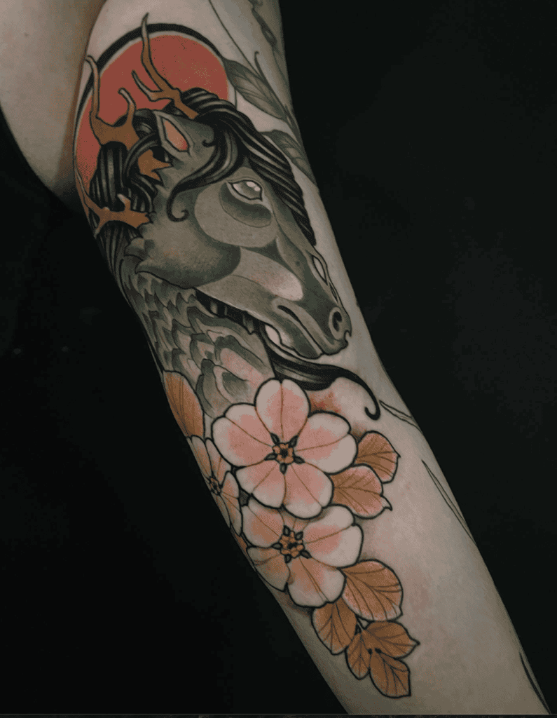 Kelpie Flower Horse Tattoo